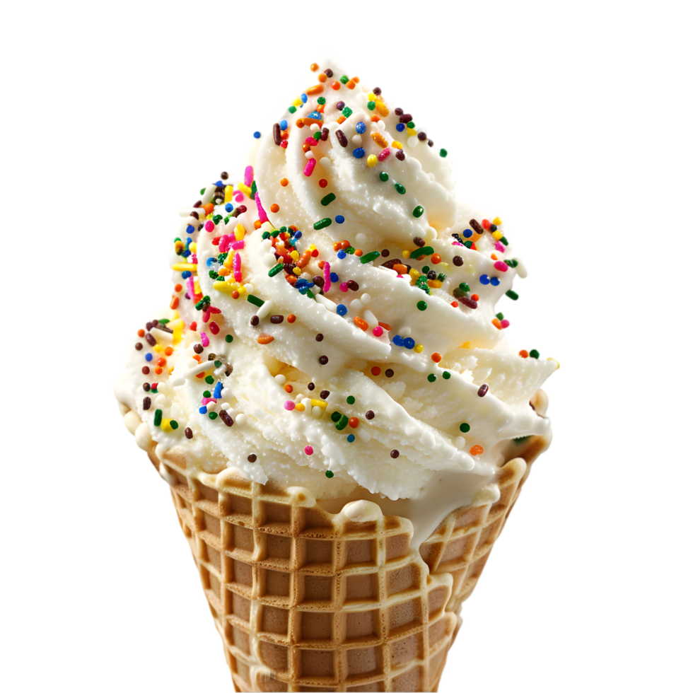 Vanilla Ice Cream in Waffle Cone Topped with Sprinkles Isolated on Transparent Background png