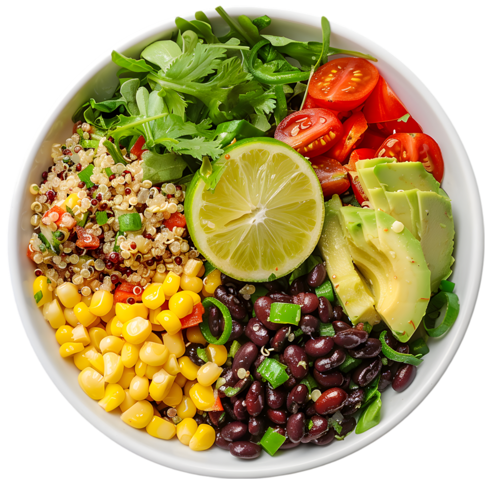 Quinoa Salad with Avocado, Black Beans, Corn, and Lime Dressing on Transparent Background png