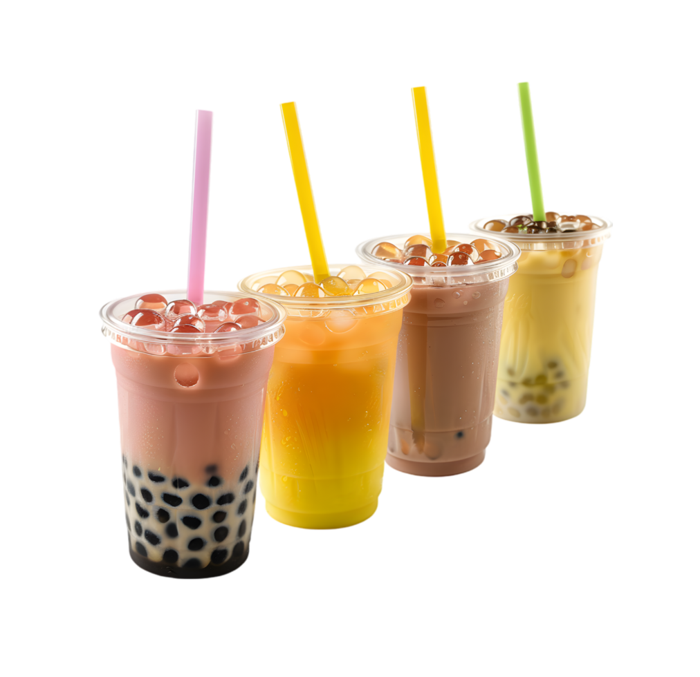 Colorful bubble tea drinks isolated on a transparent background png