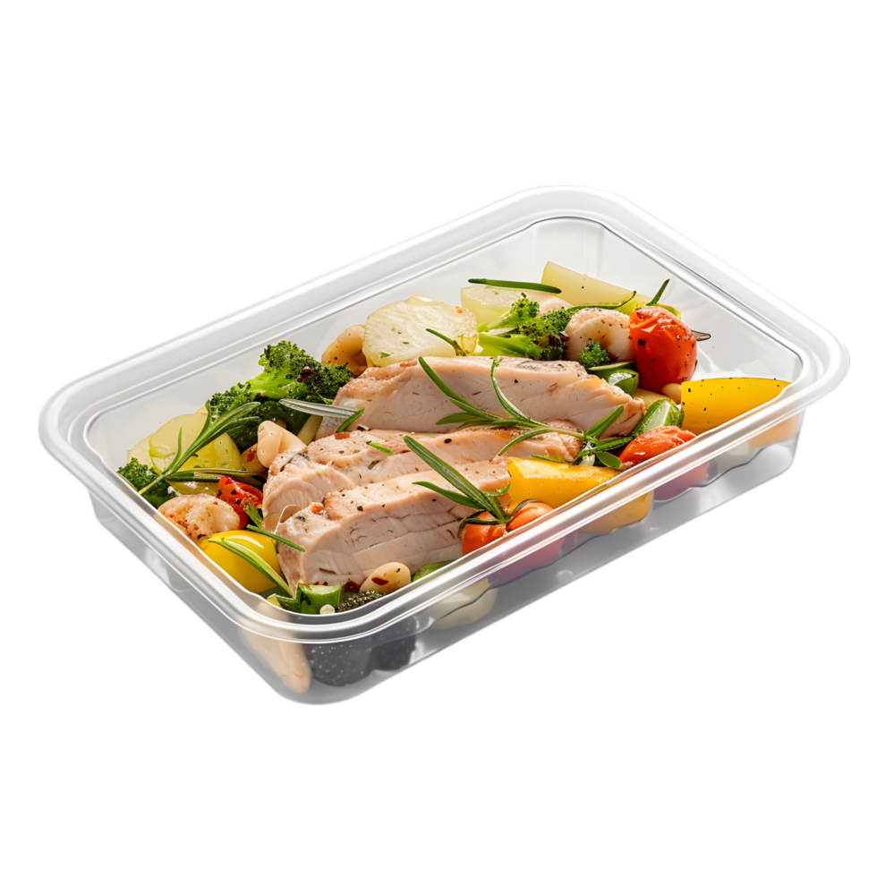Tray of food with a container of pasta and vegetables. png