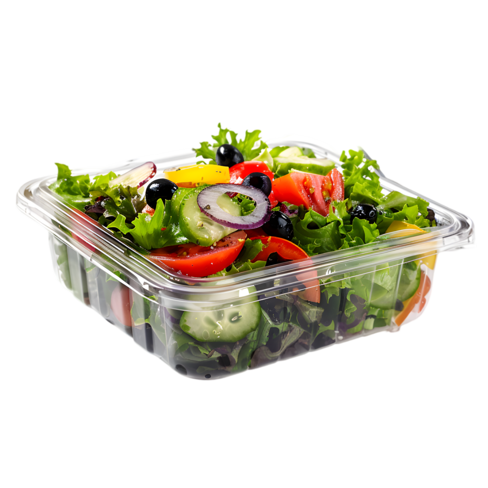 Ready-to-eat Salad in Clear Container with Fork on Transparent Background png
