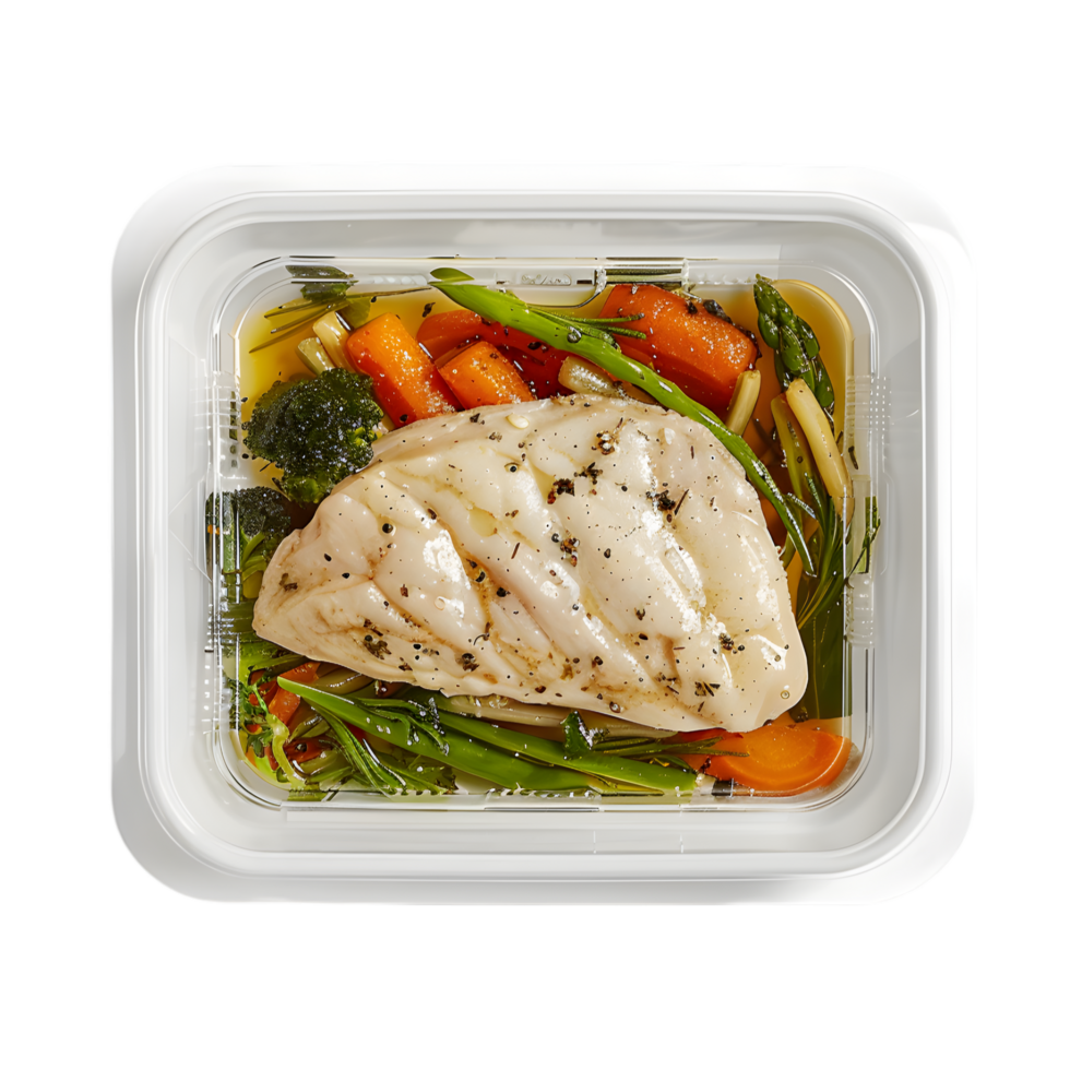 Tray of food with a container of pasta and vegetables. png