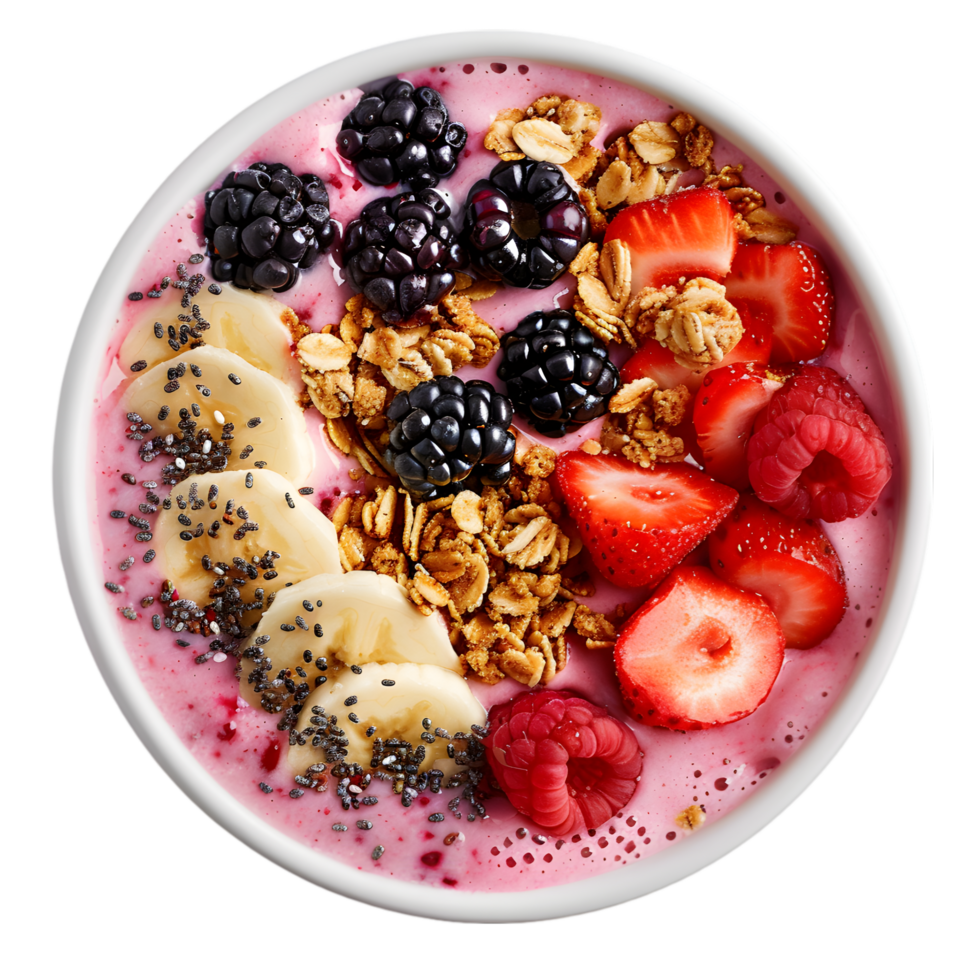 Topped with Granola, Fresh Berries, and Chia Seeds on Transparent Background png