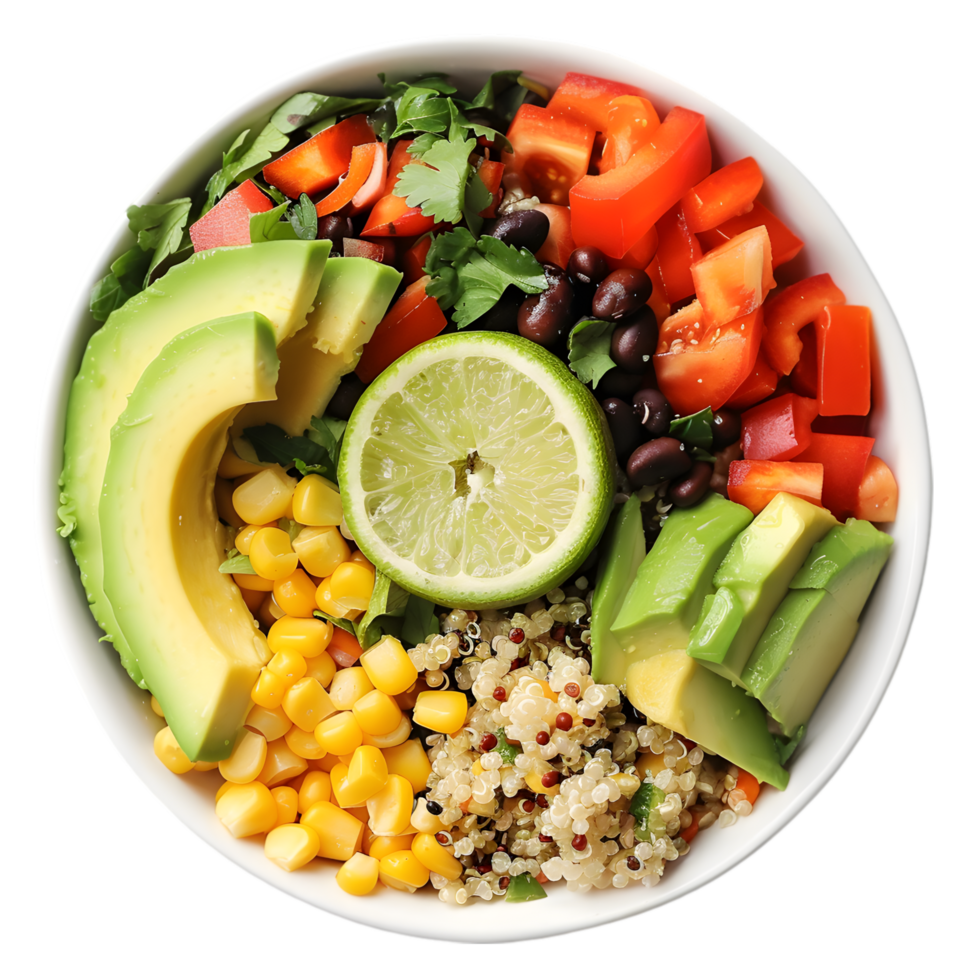 Quinoa Salad with Avocado, Black Beans, Corn, and Lime Dressing on Transparent Background png