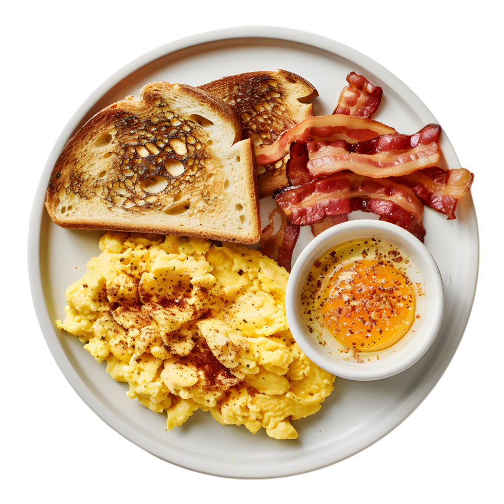 Classic Breakfast Spread with Scrambled Eggs, Crispy Bacon, and Buttered Toast Isolated on Transparent Background png