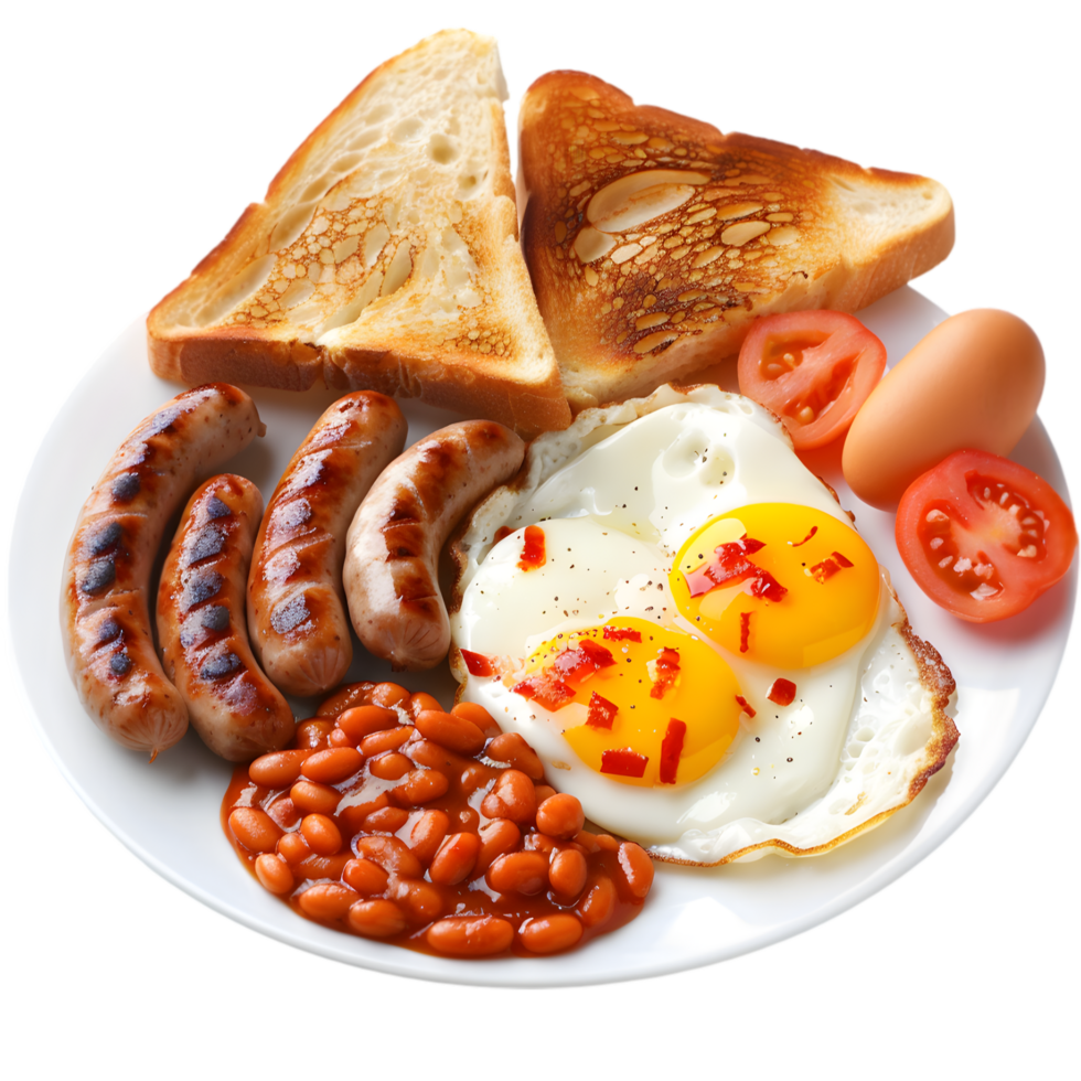 Hearty English Breakfast with Sausages, Eggs, Baked Beans, and Toast Isolated on Transparent Background png