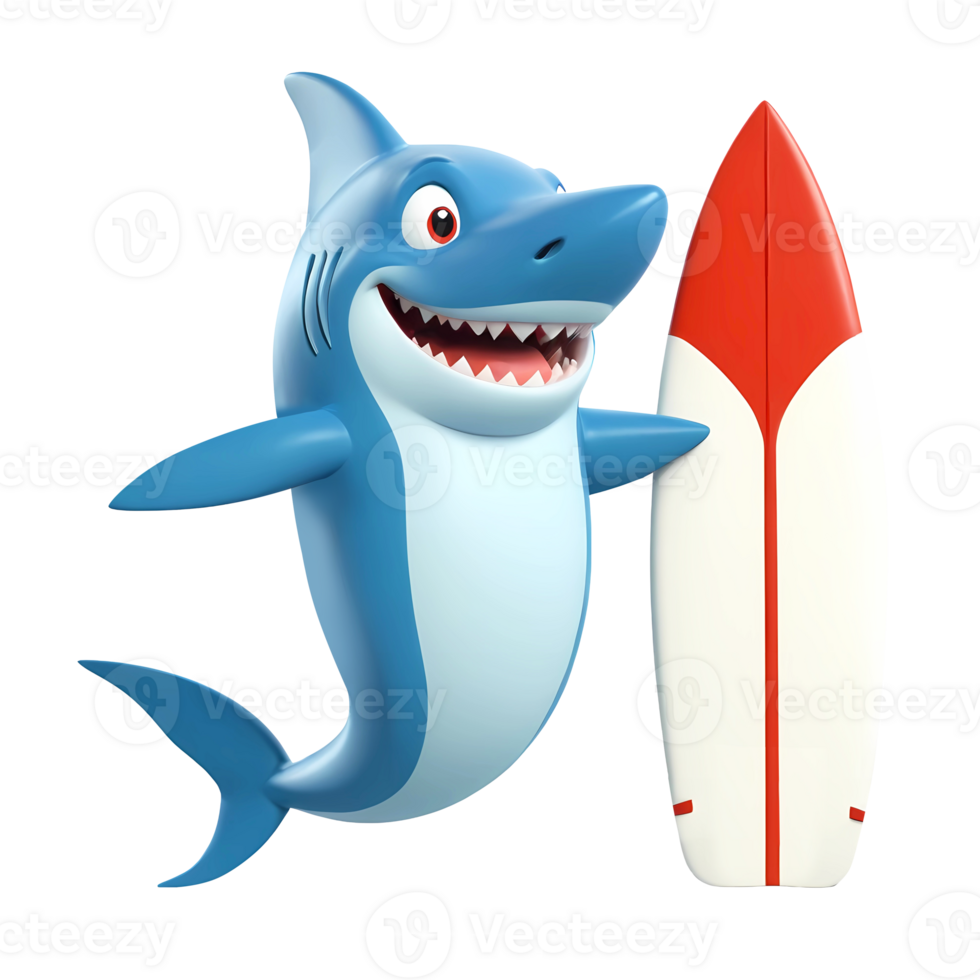 3d rendering shark cartoon character standing with surfboard png