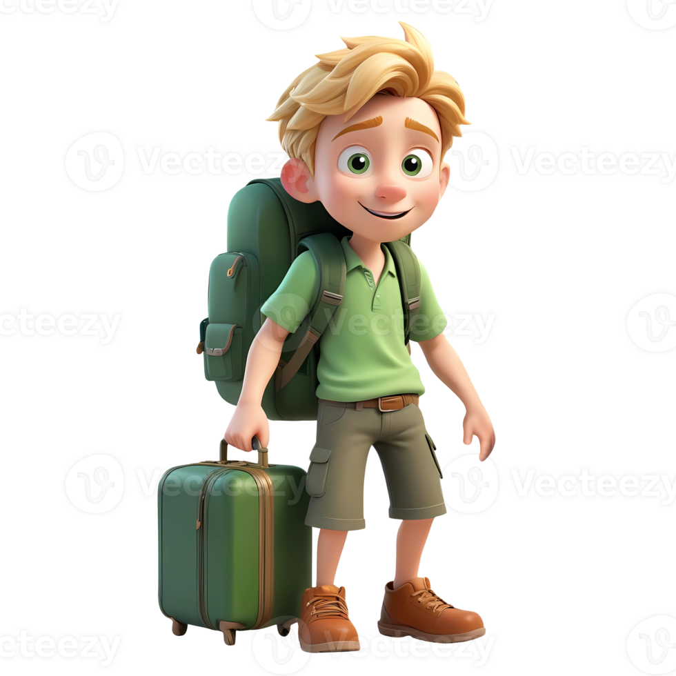 3d rendering young boy cartoon character holding suitcase png