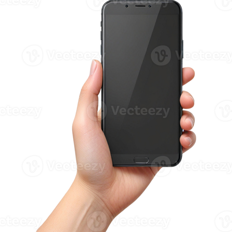 Hand holding smartphone with blank screen png