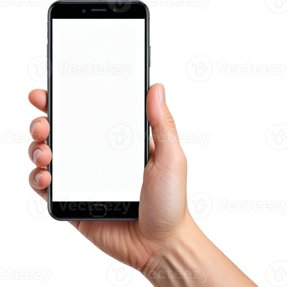 Hand holding smartphone with blank screen png