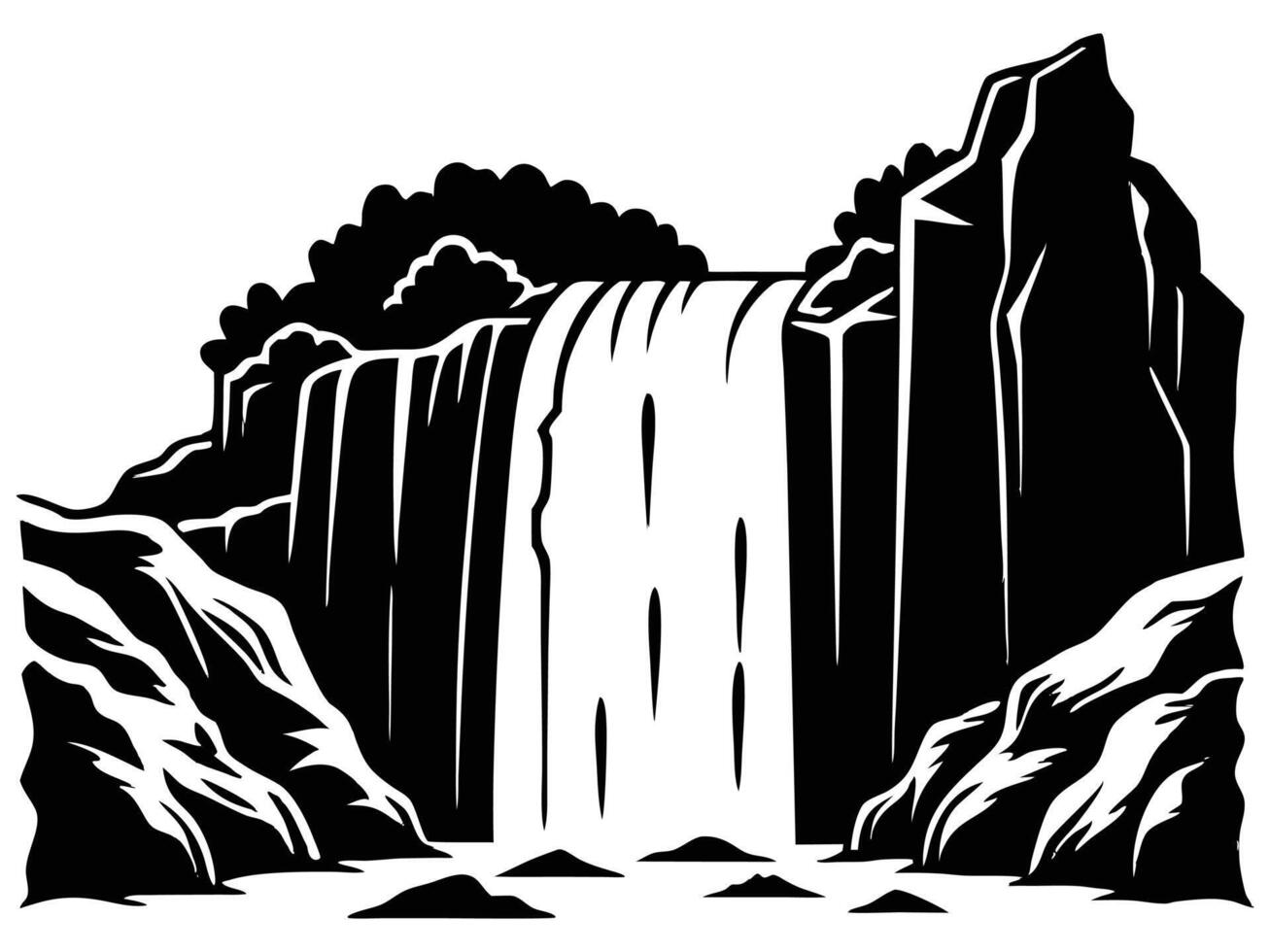 Waterfall Cascades Tumbling Down Rocky Cliffs Silhouette vector