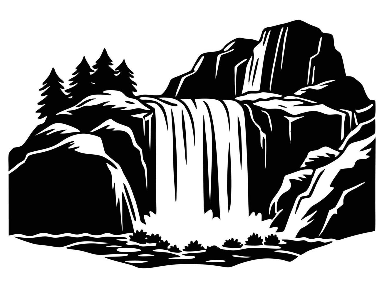 Waterfall Cascades Tumbling Down Rocky Cliffs Silhouette vector