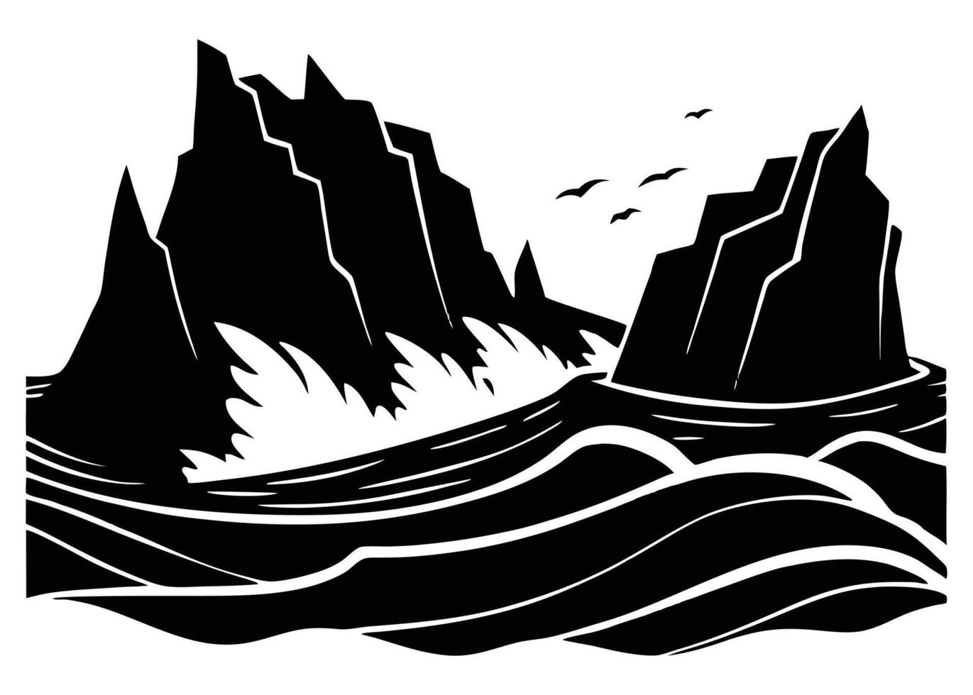 Coastal Cliffs Crashing Waves Silhouette vector