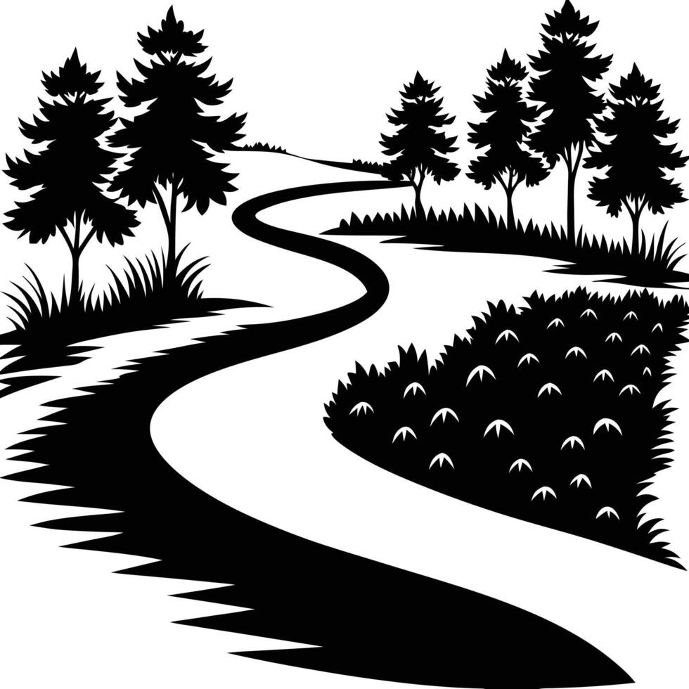 Serene River Curves with Tree-lined Riverbanks Silhouette vector