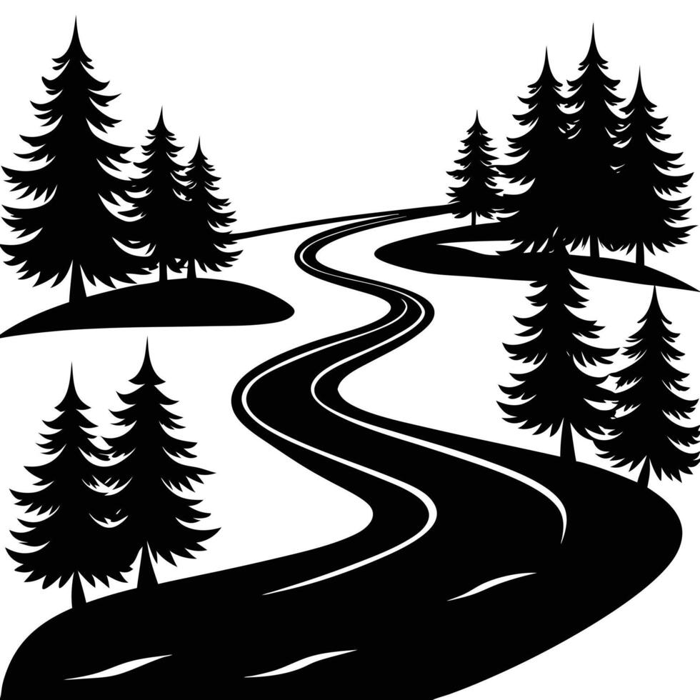 Serene River Curves with Tree-lined Riverbanks Silhouette vector