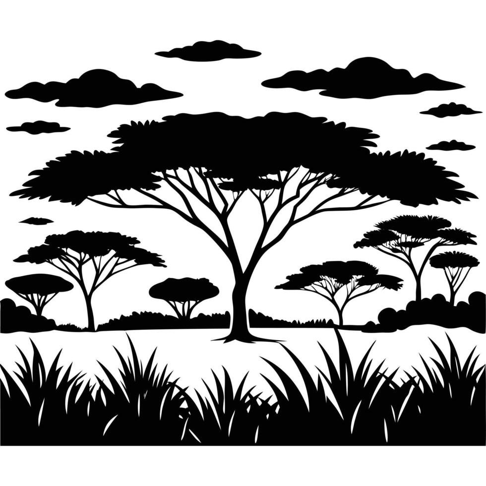 Savanna Plains with Scattered Acacia Trees Silhouette vector