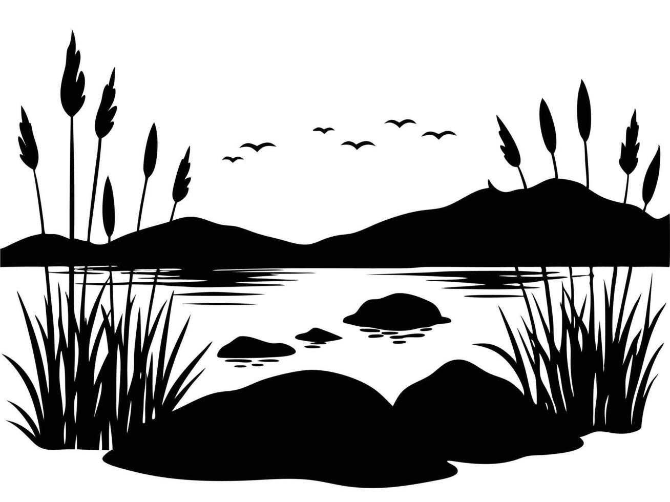 Lake Shores Edges of Lakes with Reeds and Pebbles vector