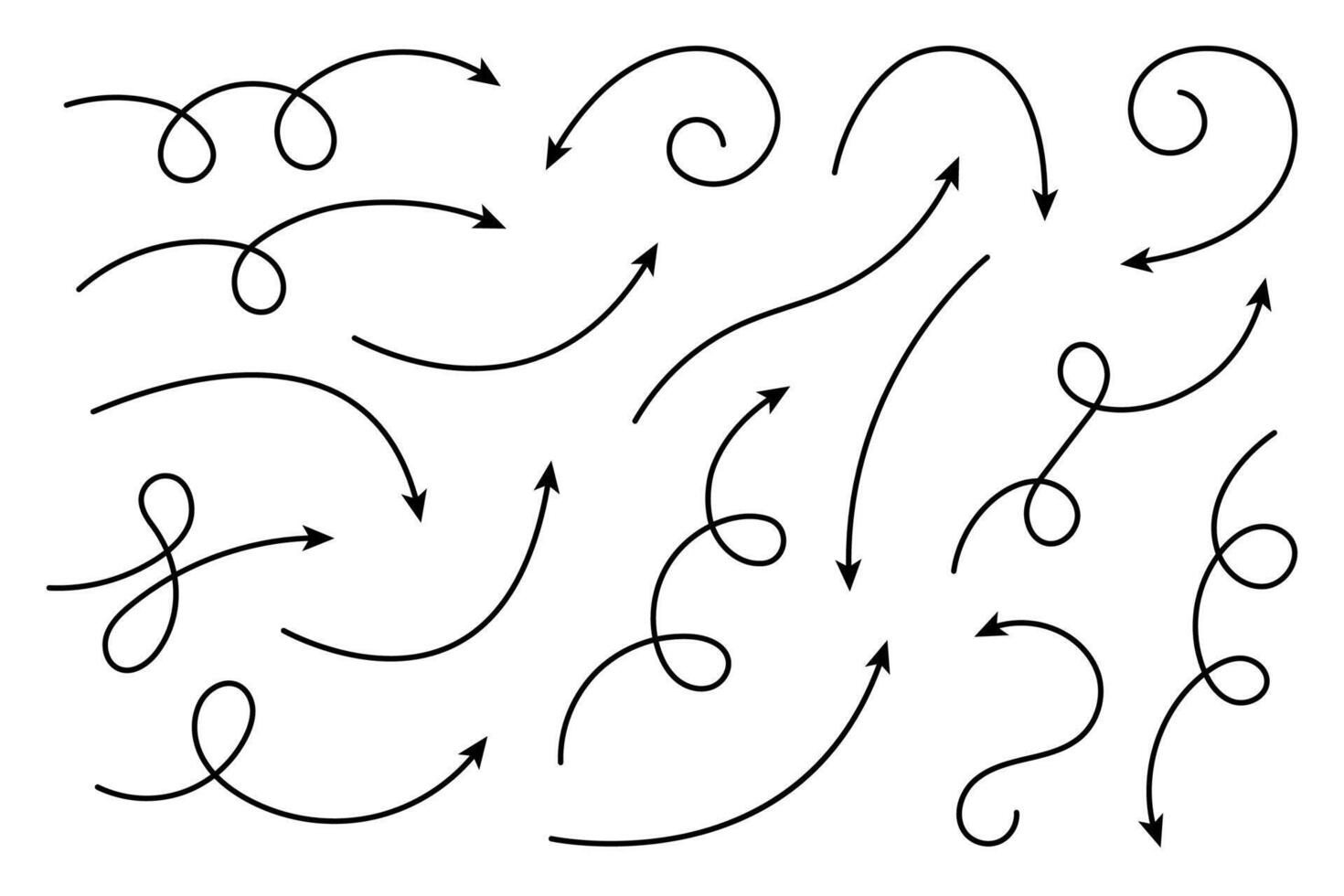 Collection of curved arrows. Set simple curved hand drawn arrows. Collection of pointers. vector