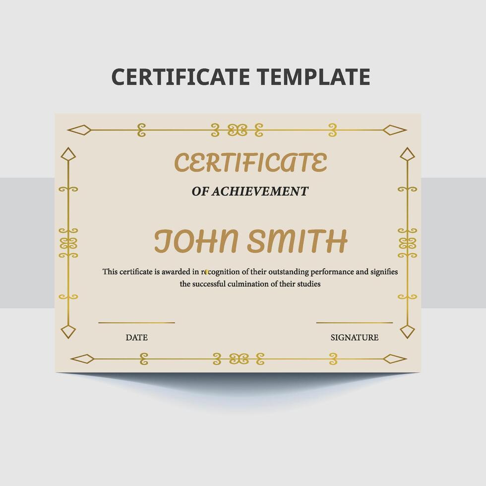 Classic certificate of achievement template design with golden hand drawn shapes. Horizontal certificate for award, business, and education needs vector