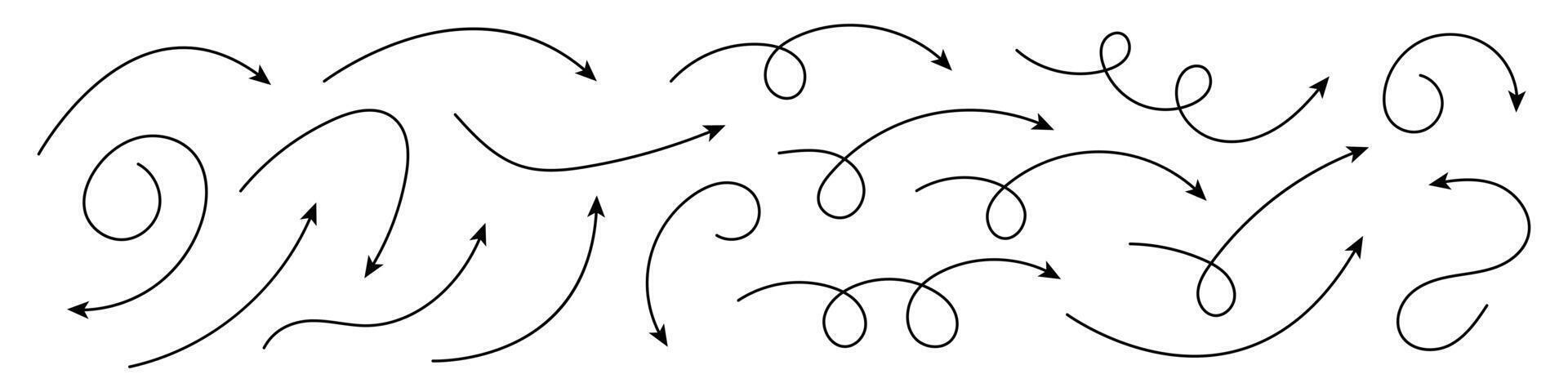 Collection of curved arrows. Set simple curved hand drawn arrows. Collection of pointers. vector
