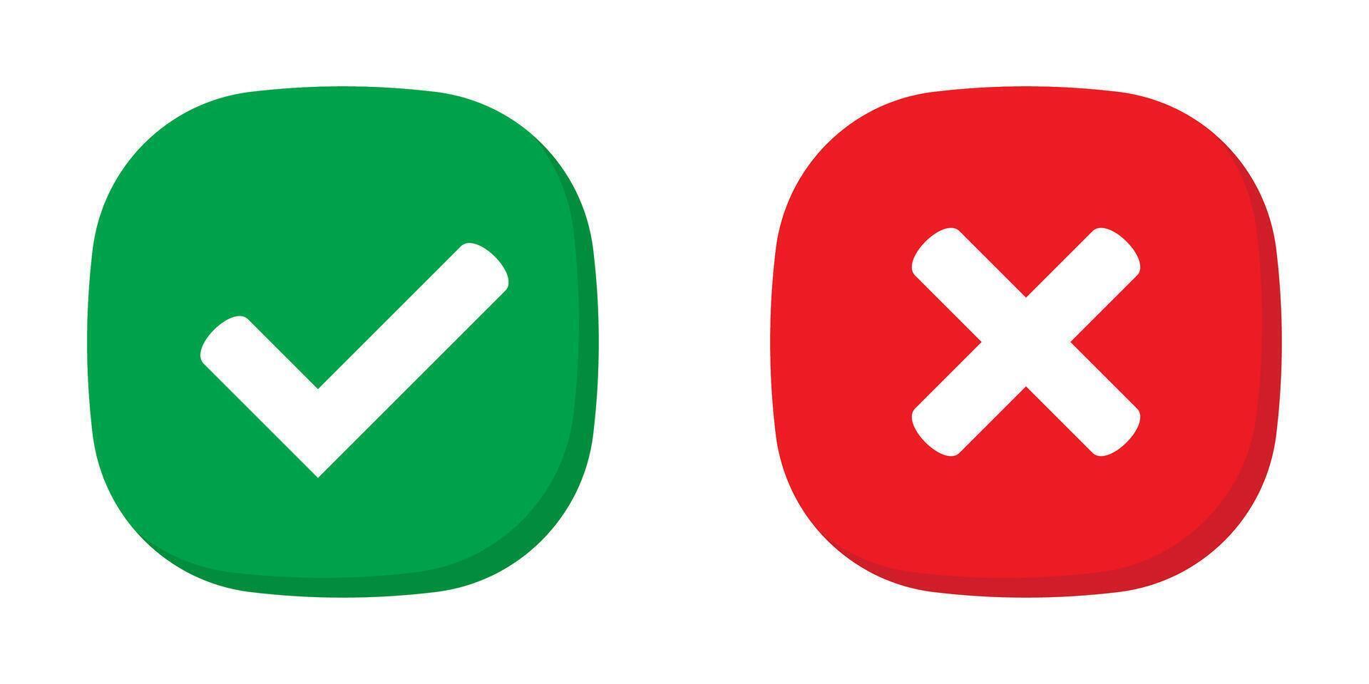 Right or wrong icons. Green tick and red cross checkmarks. Yes or no symbol, approved or rejected icon for user interface. vector