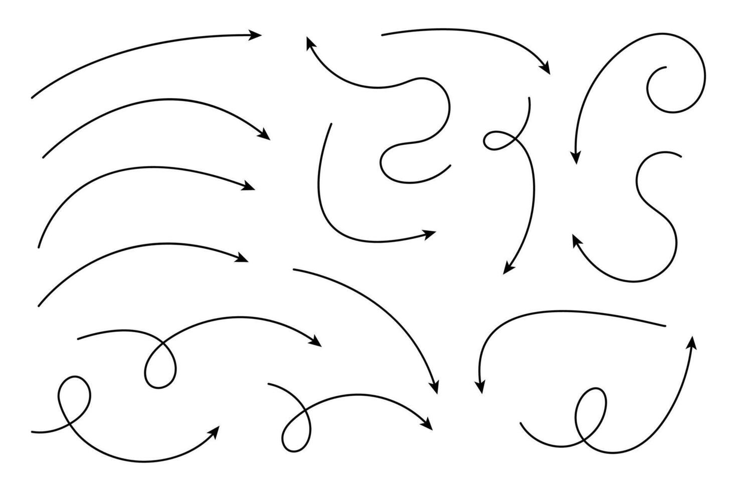 Collection of curved arrows. Set simple curved hand drawn arrows. Collection of pointers. vector