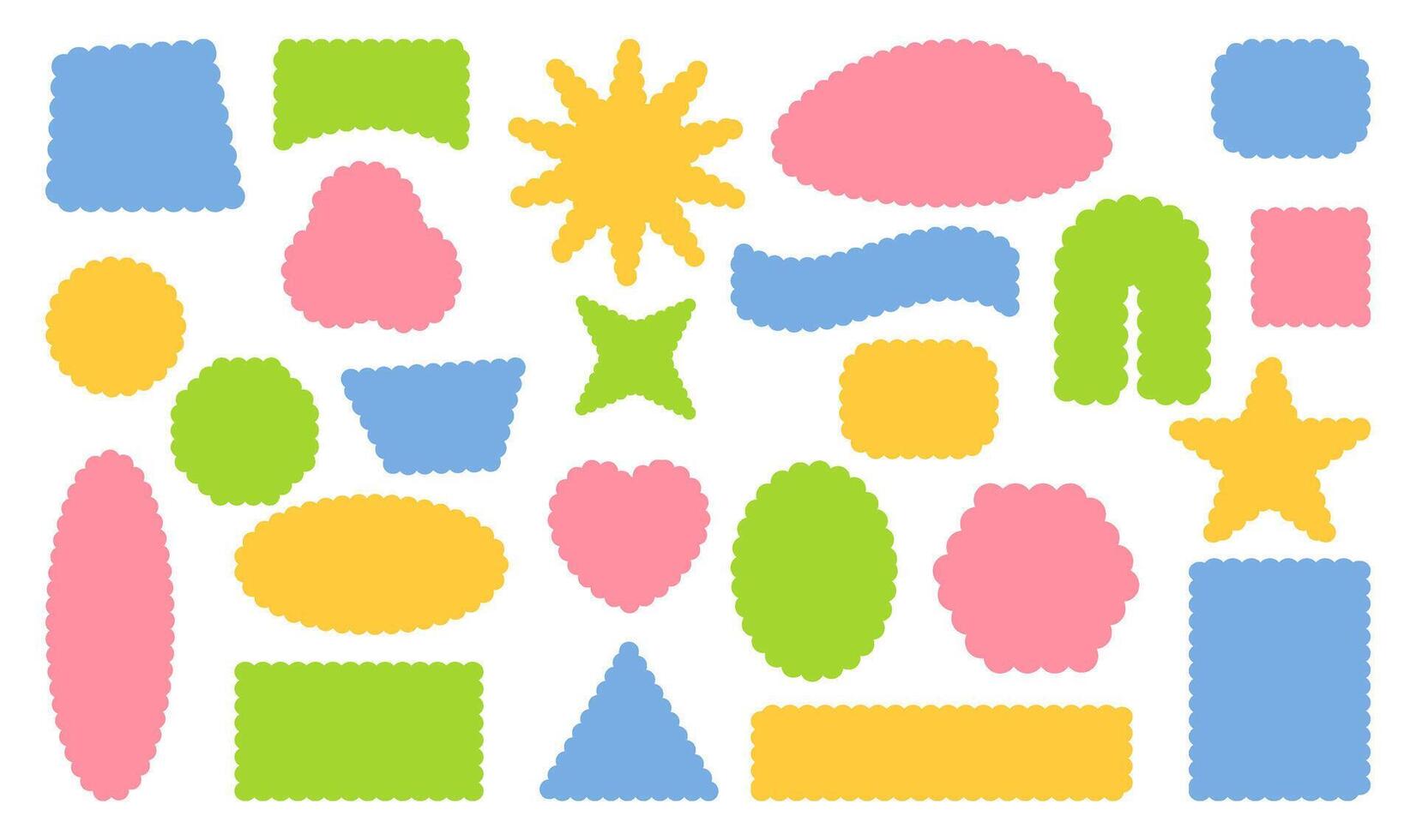 Retro design elements scalloped frames. Scalloped edge rectangle, star, ellipse, circle and square shapes vector