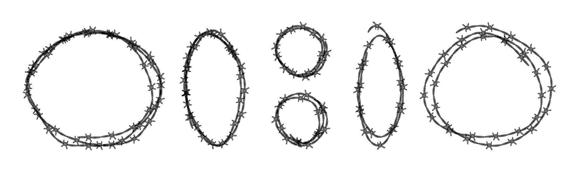 Set of barbed wire frames with different shapes. Concept of protection, danger or security. Hand drawn in sketch style vector