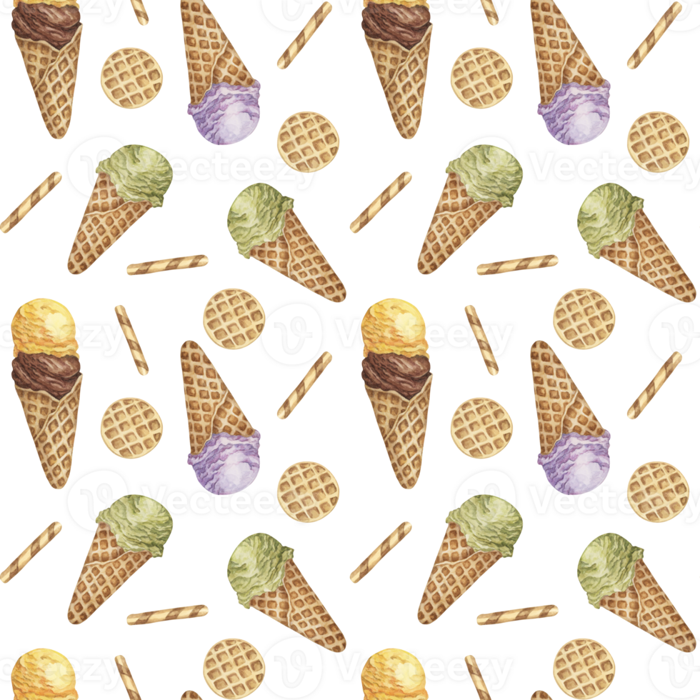 Ice cream scoops in the waffle cone seamless pattern. Lemon, chocolate, lavender, matcha flavors treat clipart Dessert watercolor print for textile, wallpaper, napkin, ice cream parlor design, covers png