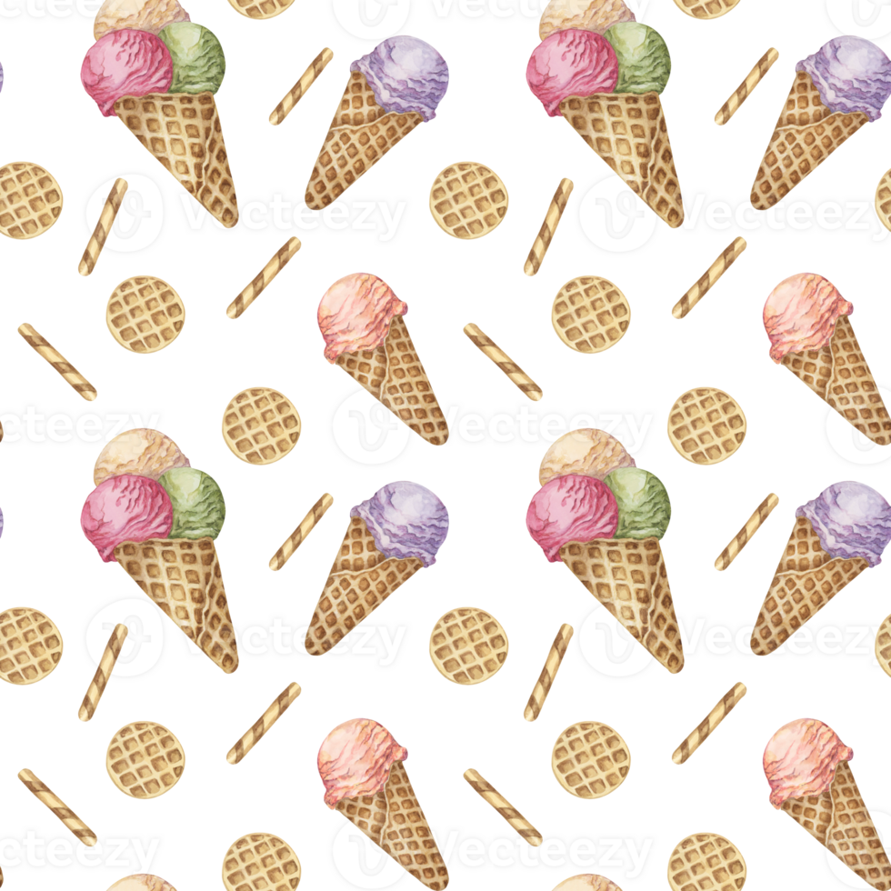 Ice cream in whimsical pastel colors seamless pattern. Retro 1950s watercolor confectionary clipart. Dessert backdrop design for textile, wrapping paper, scrapbooking, gelato or sorbet packaging png