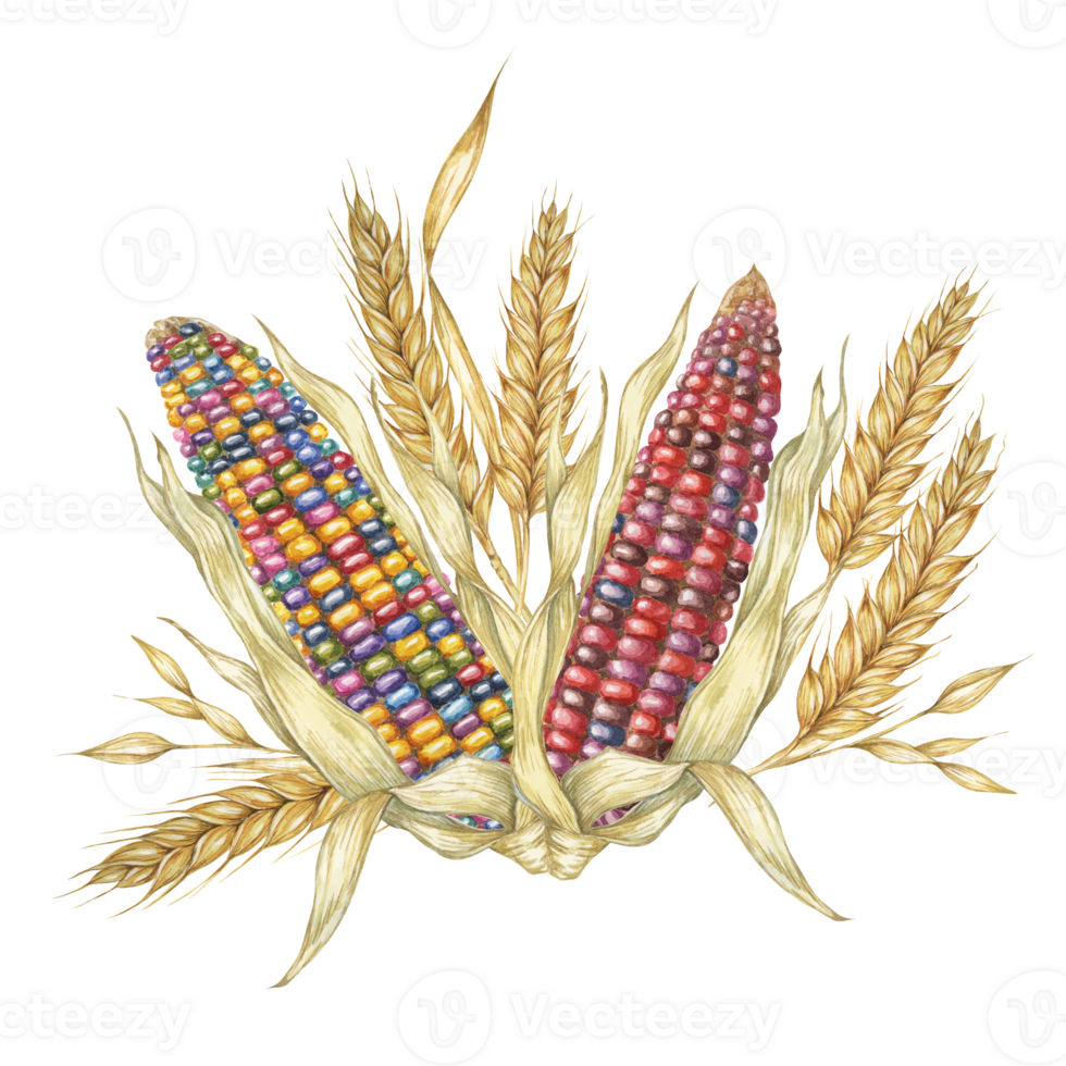 Two multicolored corn cobs bouquet with wheat stalks. Watercolor clipart for autumn seasonal decor, Thanksgiving designs, harvest festival themes, invitations, table settings, food packaging png