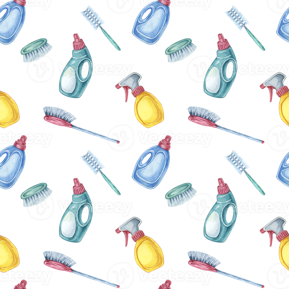 Housekeeping seamless pattern showcasing spray bottles, detergent, brushes, and sponges. Clipart for wallpaper designs, home cleaning blogs, and product packaging for household cleaning items png