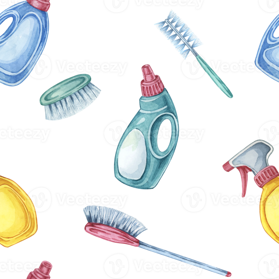 Cleaning supplies seamless pattern featuring detergent bottles, brushes, and sponges. Watercolor clipart Perfect for wrapping paper, cleaning service branding, and DIY cleaning project backdrops png