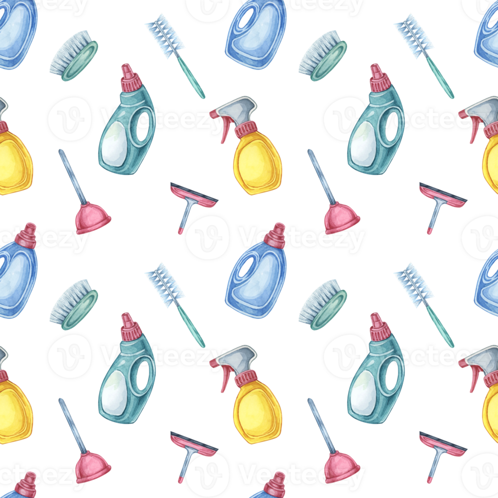 Cleaning essentials seamless pattern with spray bottles, detergent, and plunger. Clipart for backgrounds in presentations about cleanliness, wrapping paper, and website designs for janitorial products png