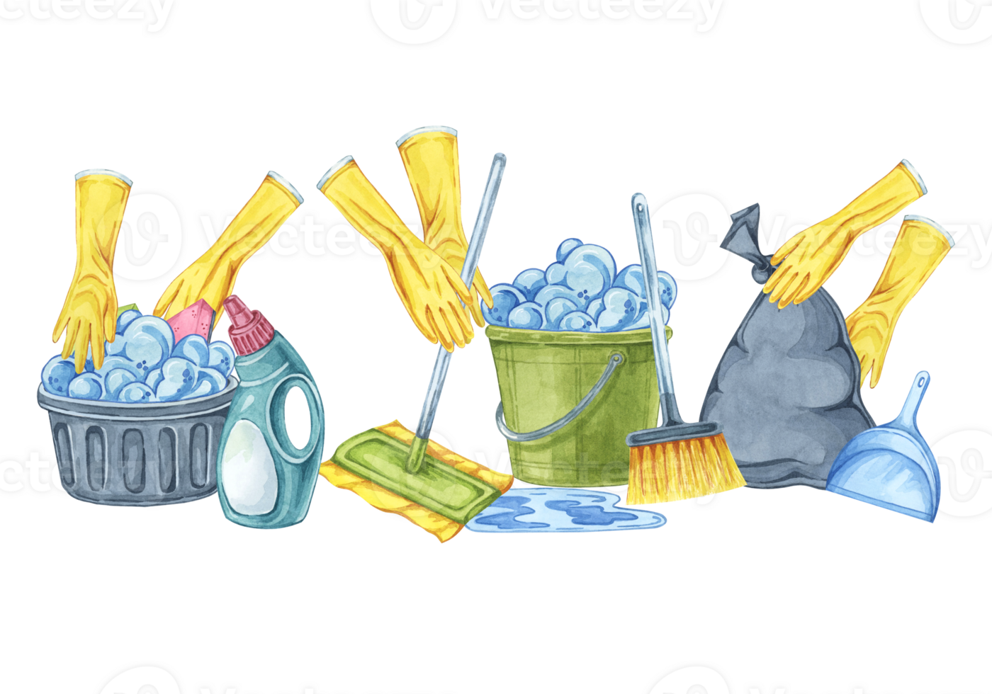 Cleaning essentials, tidy up chores. Watercolor clipart for cleaning services, housekeeping businesses, digital content, classroom posters, brochures, website banners, social media, promotional flyers png