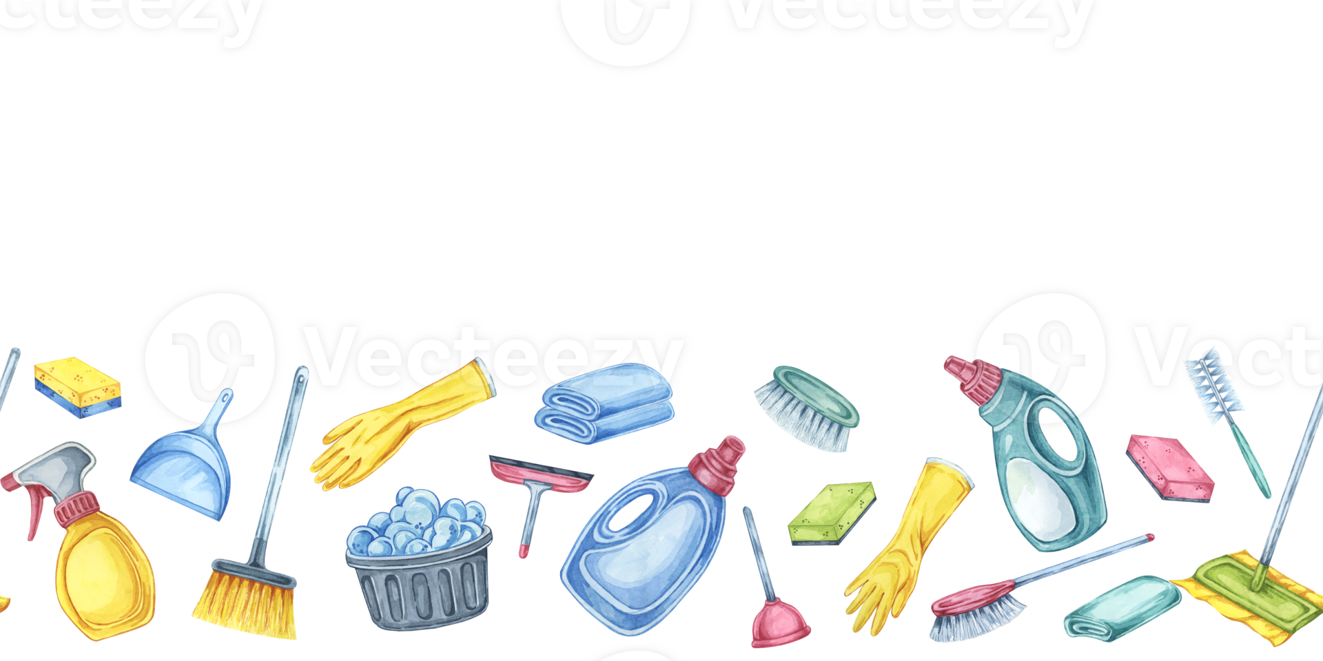 Cleaning toolkit seamless border. Watercolor banner clipart for cleaning services, housekeeping businesses, digital content, classroom posters, brochures, social media, promotional flyers png