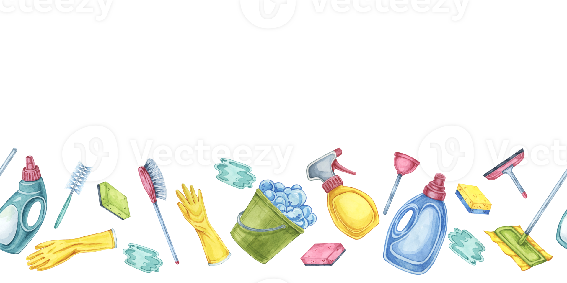 Cleaning toolkit seamless border. Watercolor banner clipart for cleaning services, housekeeping businesses, digital content, classroom posters, brochures, social media, promotional flyers png