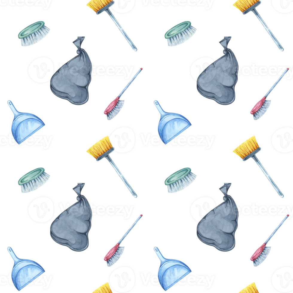 Black garbage bags, brooms, and dustpans watercolor seamless pattern. Clipart for backgrounds in presentations about recycling, cleaning product packaging, and educational materials on waste disposal png
