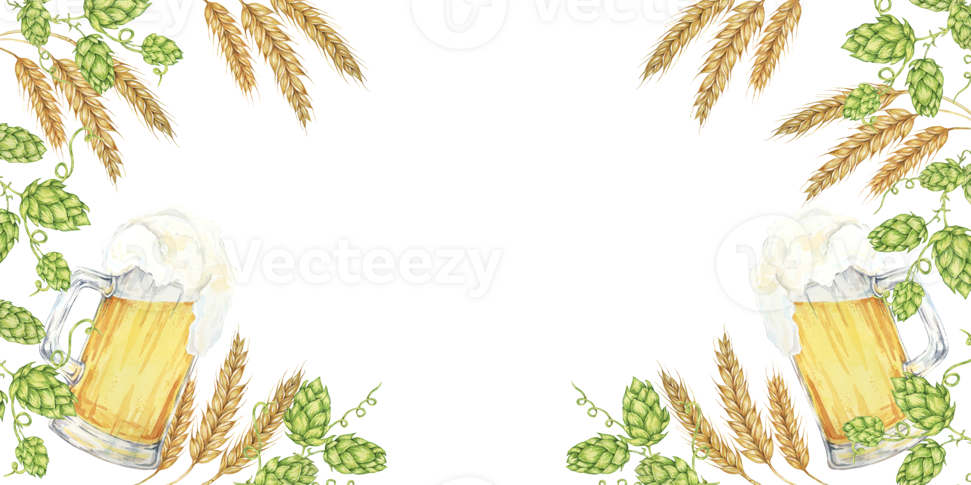 Festive banner template with beer mugs, barley, wheat, and hops in watercolor. Clipart with blank space Ideal for festival promotions, Oktoberfest, beer garden signage, and event invitations png