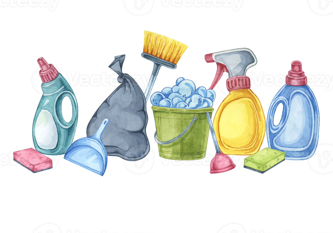 Array of cleaning supplies. Watercolor clipart for cleaning services, housekeeping businesses, digital content, classroom posters, brochures, website banners, social media, promotional flyers png