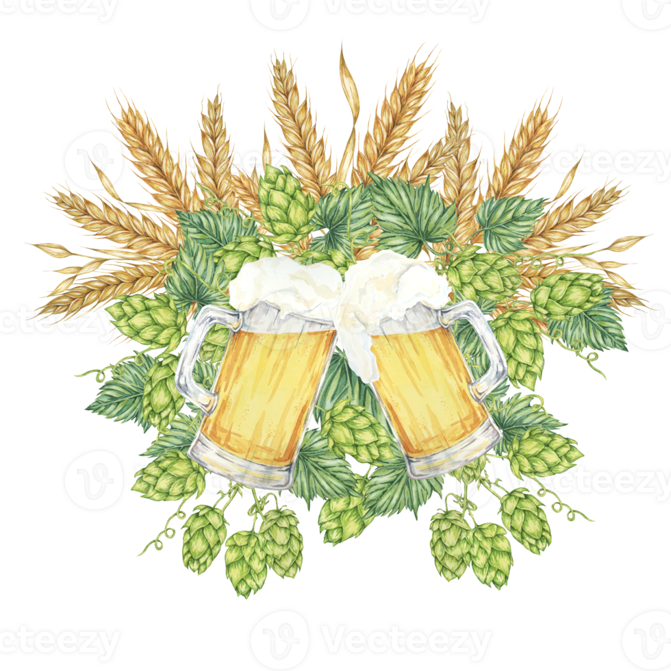 Cheers with beer mugs with light lager beer surrounded by barley ears, wheat stalks and green hops. Oktoberfest composition in watercolor. Clipart for festive designs, card, brewery, flyer, coaster png