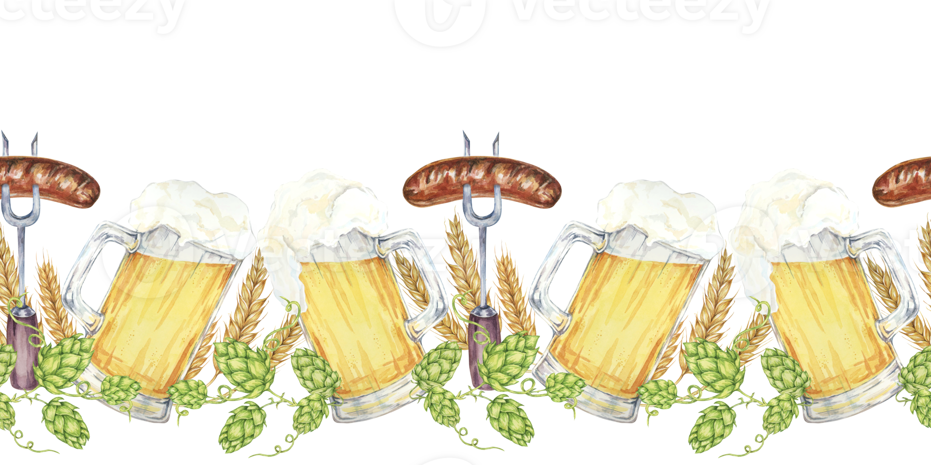 Beer mugs, barley stalks, hop cones and forks with grilled sausage in continuous line. Seamless border watercolor clipart for pub signs, beer tasting events, Oktoberfest promotions, party supplies png