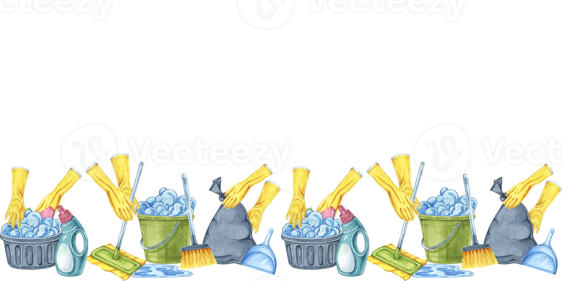 Cleaning scene with hands in yellow rubber gloves. Watercolor seamless border. Dynamic clipart for cleaning services, housekeeping businesses, digital content, website banners, promotional flyers png