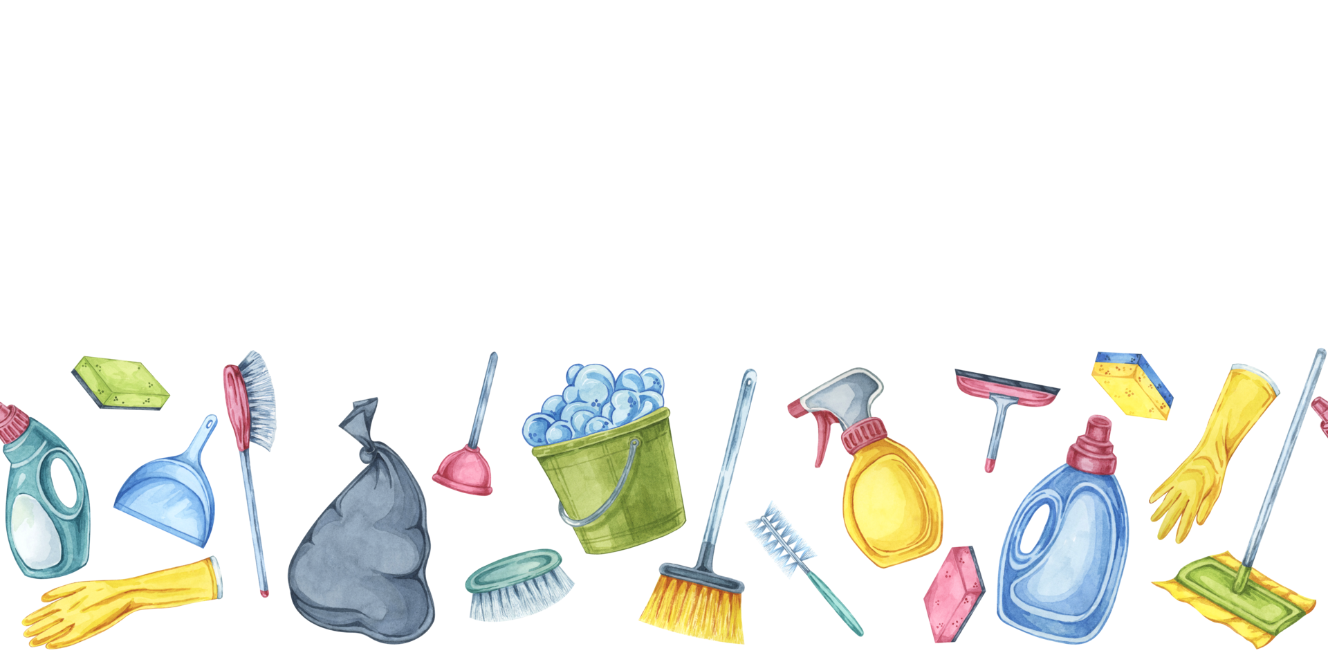 Cleaning toolkit seamless border Watercolor banner clipart for