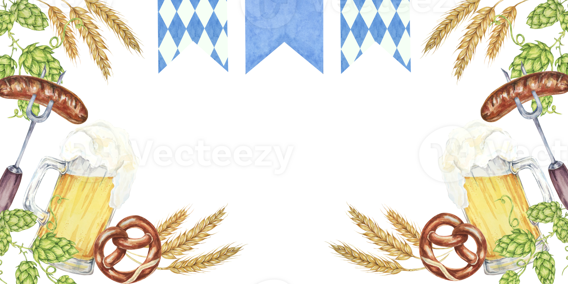 Frothy beer mugs, hops, barley, sausages, pretzels, and Bavarian flags, creating a festive banner. Watercolor clipart Ideal for Oktoberfest advertising, beer festival flyers, and party invitations png