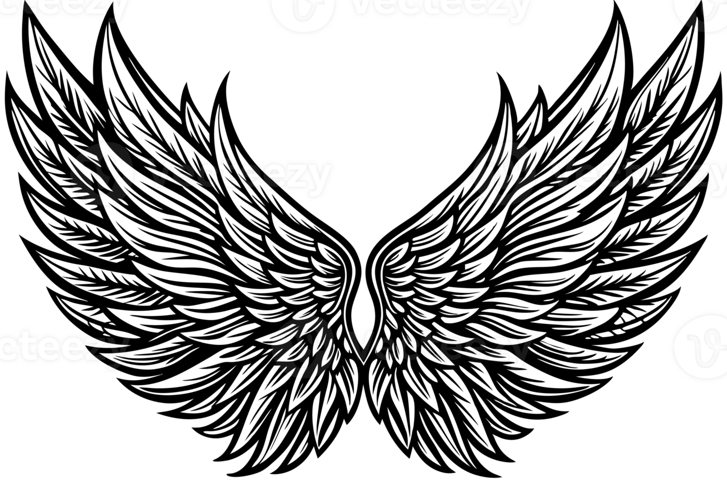 black wings are depicted with detailed feathers creating a symmetrical and elegant design png