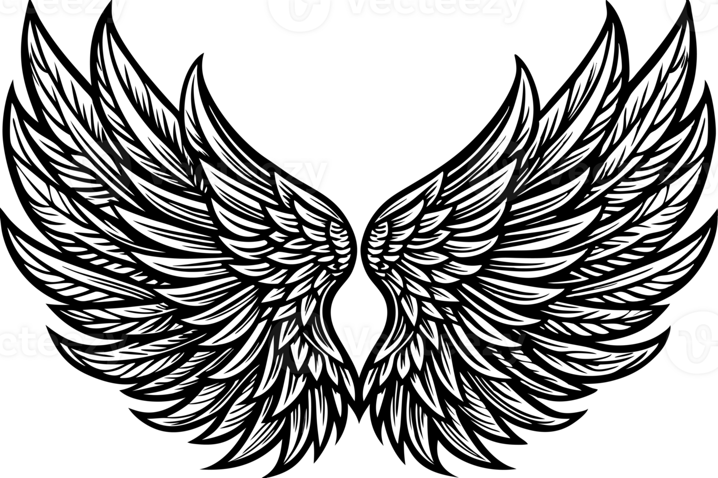 black wings are depicted with detailed feathers creating a symmetrical and elegant design png
