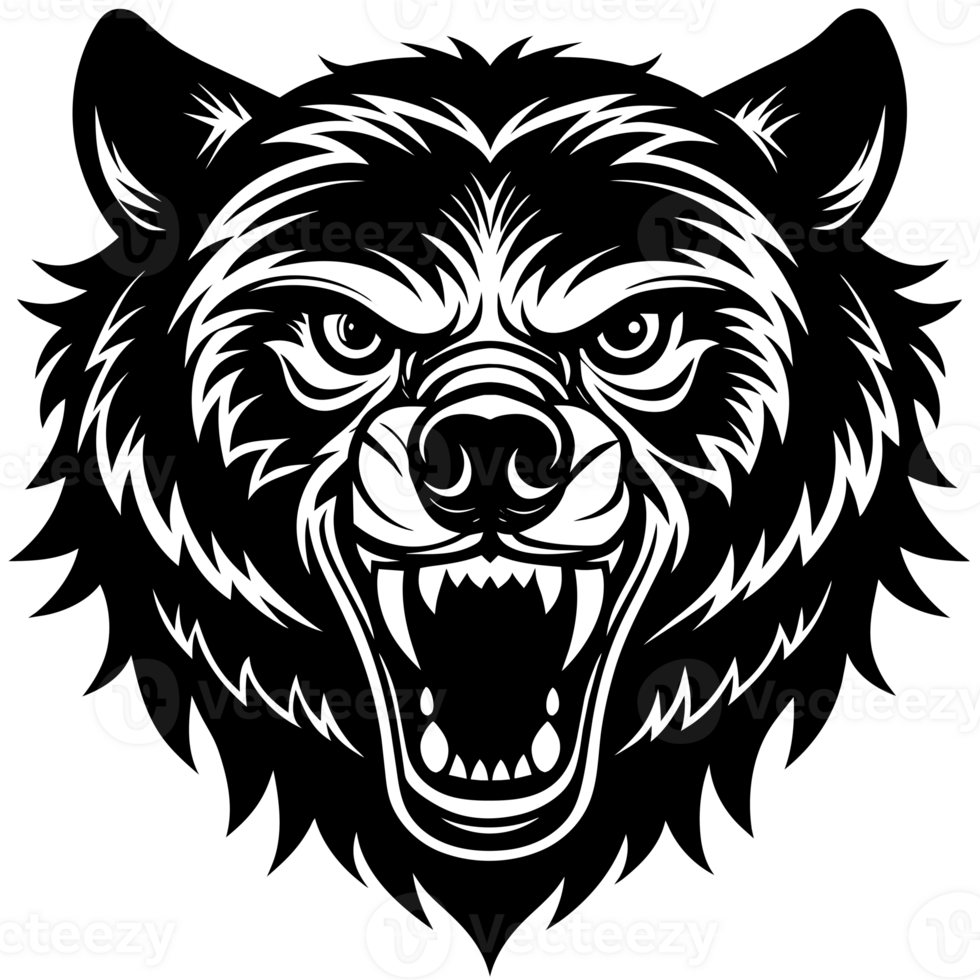 A detailed graphic of a snarling bear's head with a fierce expression png