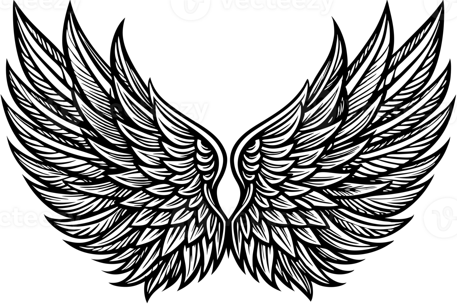 black wings are depicted with detailed feathers creating a symmetrical and elegant design png