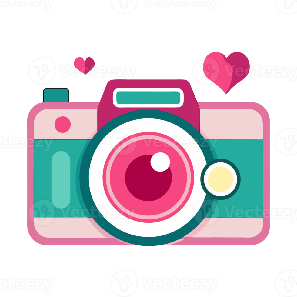 A camera with vibrant details, accented with playful leaves and abstract shapes. png